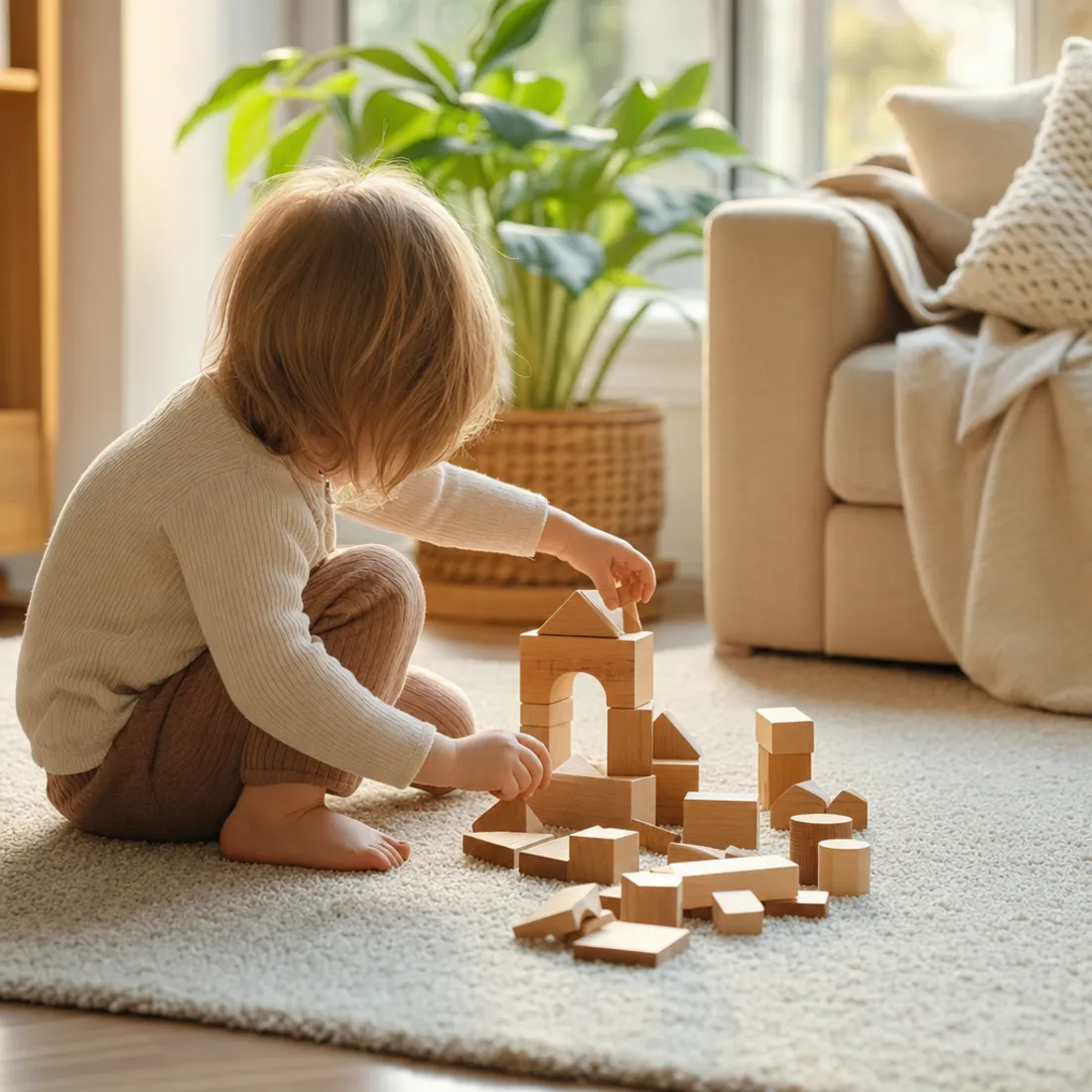 A toddler playing on a soft, freshly cleaned carpet in a sunlit family room
